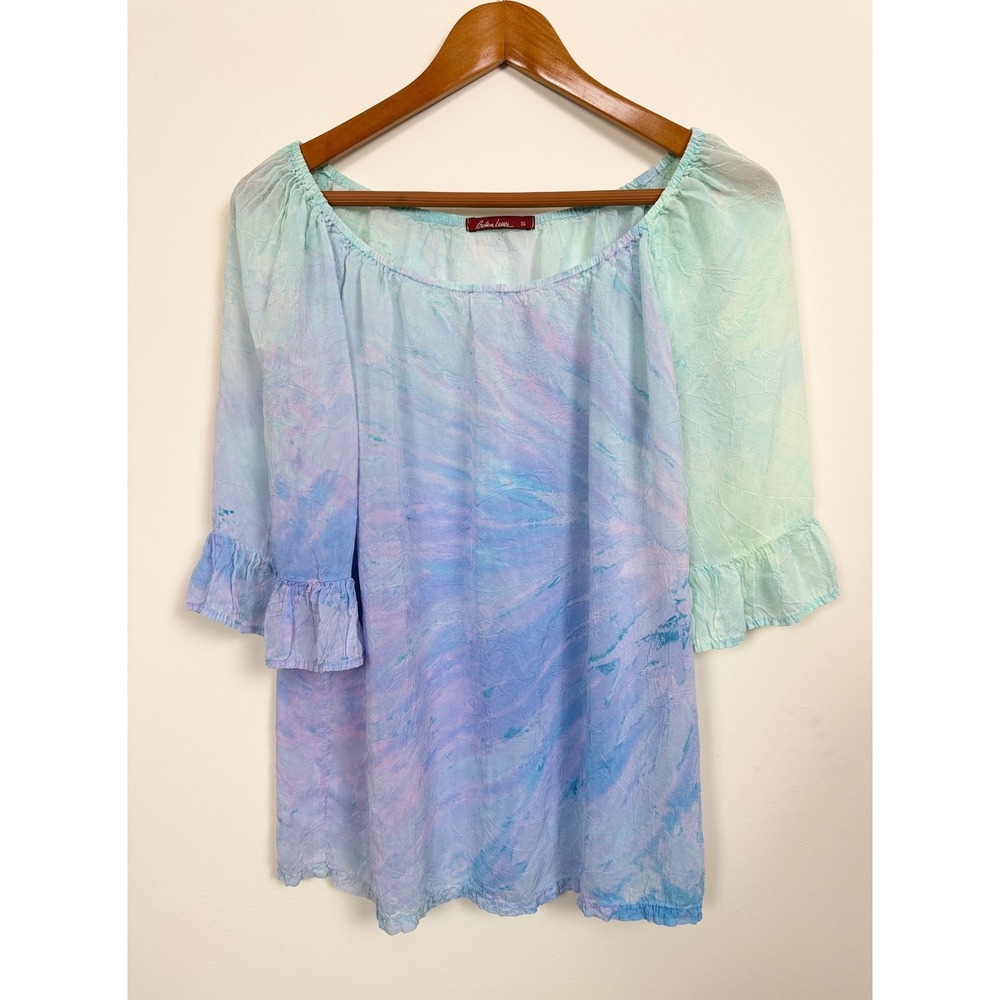 Barbara Lesser Womens S Tie Dye Boho Peasant Blouse Ruffle Sleeve USA